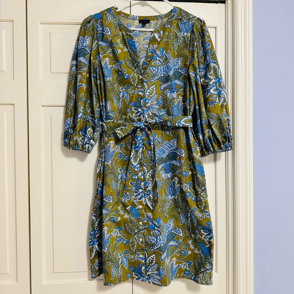 Talbot’s NEW! sz.12 floral print 100% poplin cotton shirt dress, green/blue